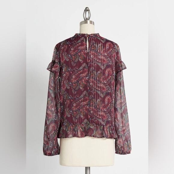 ModCloth Blouse - Burgundy Paisley Size Large Ruffled & Chic - Picture 3 of 4